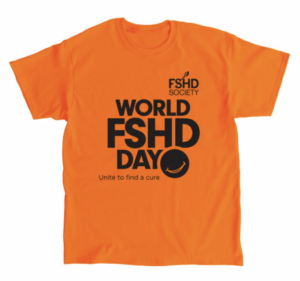 2022 World FSHD Tshirt Orange T-shirt with worlds FSHD Society and World FSHD Day printed in black on the front.