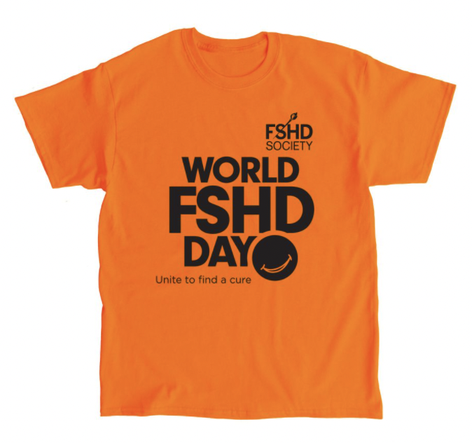 Orange T-shirt with worlds FSHD Society and World FSHD Day printed in black on the front.