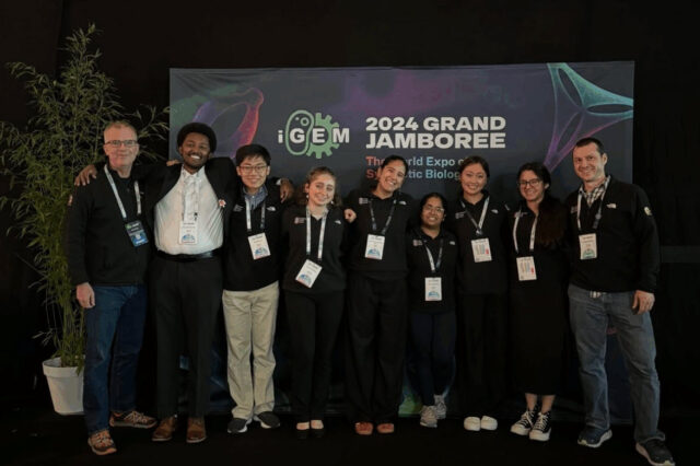 Our iGEM team, from left: Drew Endy (mentor), Amanuel Geremew, Michael Liu, Alice Finkelstein, Mafer Velasquez, Ayushi Mohanty, Katherine Xu, Vanessa Chiprez, Phillip Kyriakakis (mentor).
