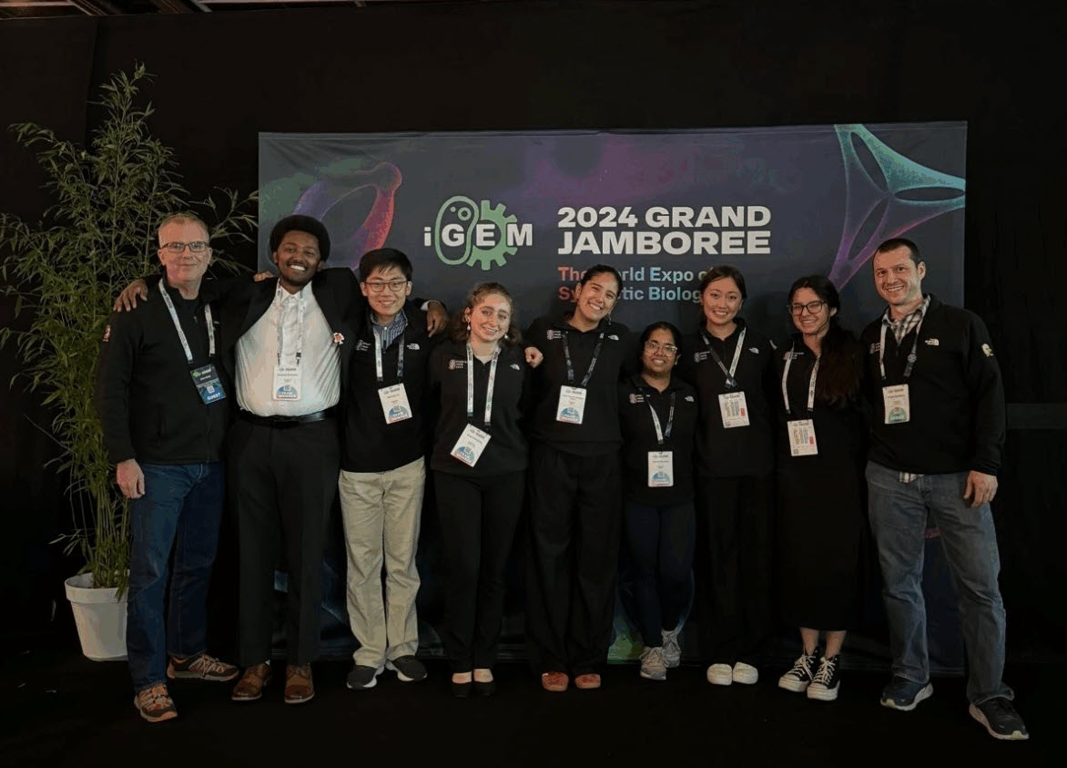 Our iGEM team, from left: Drew Endy (mentor), Amanuel Geremew, Michael Liu, Alice Finkelstein, Mafer Velasquez, Ayushi Mohanty, Katherine Xu, Vanessa Chiprez, Phillip Kyriakakis (mentor).