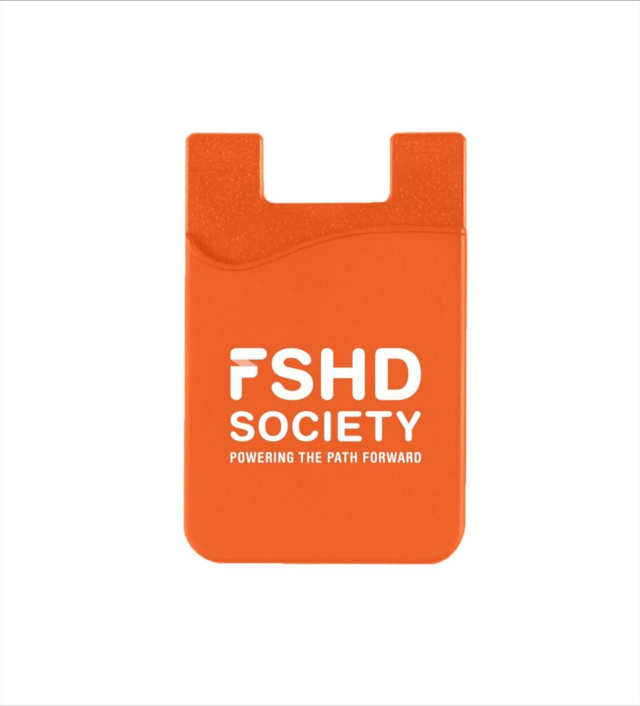 Orange credit card pouch with FSHD Society logo.