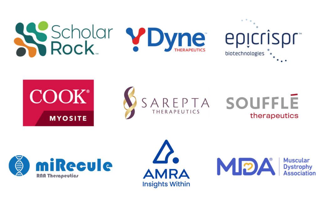 Scholar Rock, Dyne Therapeutics, Epicrispr Biotechnologies, Cook Myosite, Mirecule, Sarepta Therapeutics, and Souffle Therapeutics logos