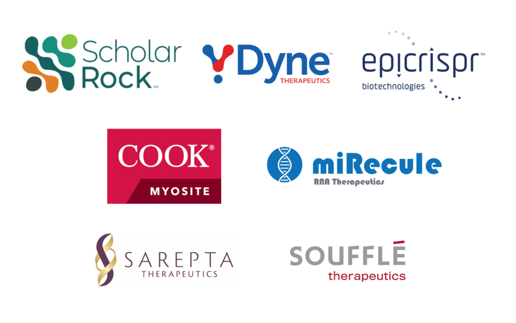 Scholar Rock, Dyne Therapeutics, Epicrispr Biotechnologies, Cook Myosite, Mirecule, Sarepta Therapeutics, and Souffle Therapeutics logos