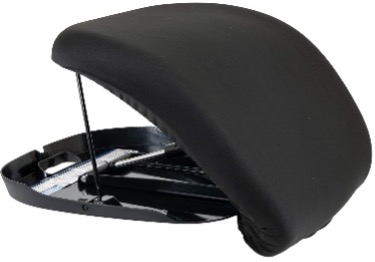 A white background with a black assistive cushion in the foreground. The cushion resembles a chair seat that moves upwards and outwards from the base.