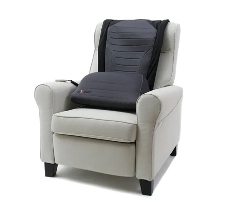 A light gray armchair sits in the center of a white background. On the chair rests a 2 piece black and dark gray assistive cushion. The base of the cushion is dark gray and is on the seat of the chair. The back of the cushion is dark gray and black and rests again the chair back. The cushion raises and lowers to assist individuals in standing more easily and safely from a seated position.