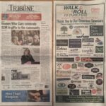 This image is a photo of 2 pages in the Grand Haven Tribune print newspaper. The left is the front page with local stories. The right is a page displaying more than 40 logos from community sponsors and an invitation to the community to join the walk.