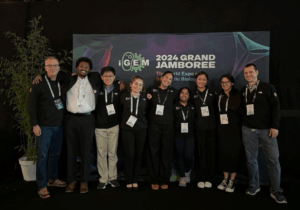 Our iGEM team, from left: Drew Endy (mentor), Amanuel Geremew, Michael Liu, Alice Finkelstein, Mafer Velasquez, Ayushi Mohanty, Katherine Xu, Vanessa Chiprez, Phillip Kyriakakis (mentor).